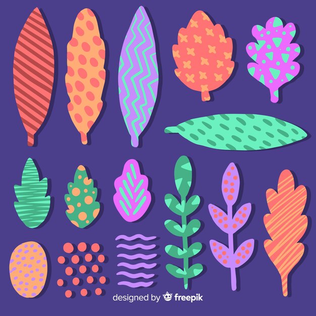 Raccolta di foglie e fiori colorati disegnati a mano