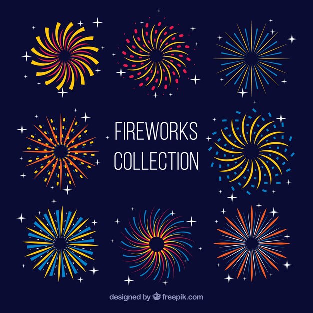 Raccolta di fuochi d'artificio decorativi in design piatto