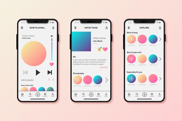 Raccolta di modelli di interfaccia app lettore musicale