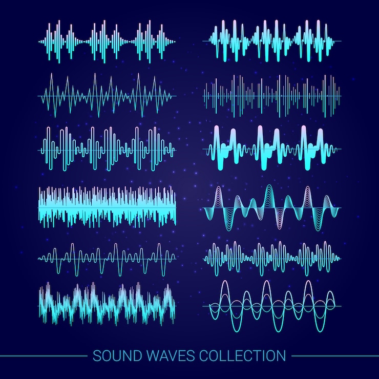 Vettore gratuito raccolta di onde sonore con simboli audio su sfondo blu