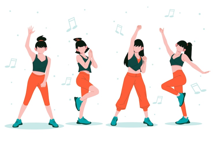 Vettore gratuito raccolta di passi di fitness danza disegnata a mano piatta con persone