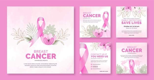 Raccolta di post di instagram del mese di consapevolezza del cancro al seno dell'acquerello
