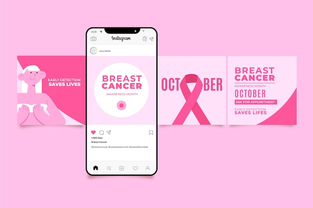 Raccolta di post di instagram del mese di consapevolezza del cancro al seno piatto