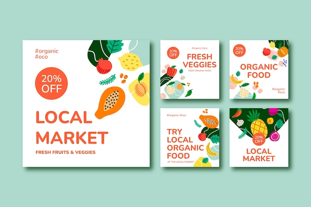 Raccolta di post di instagram di affari del mercato locale piatto