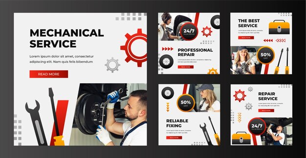 Raccolta di post di instagram di attività e servizi di riparazione auto