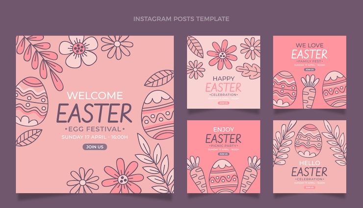 Vettore gratuito raccolta di post di instagram di pasqua disegnata a mano