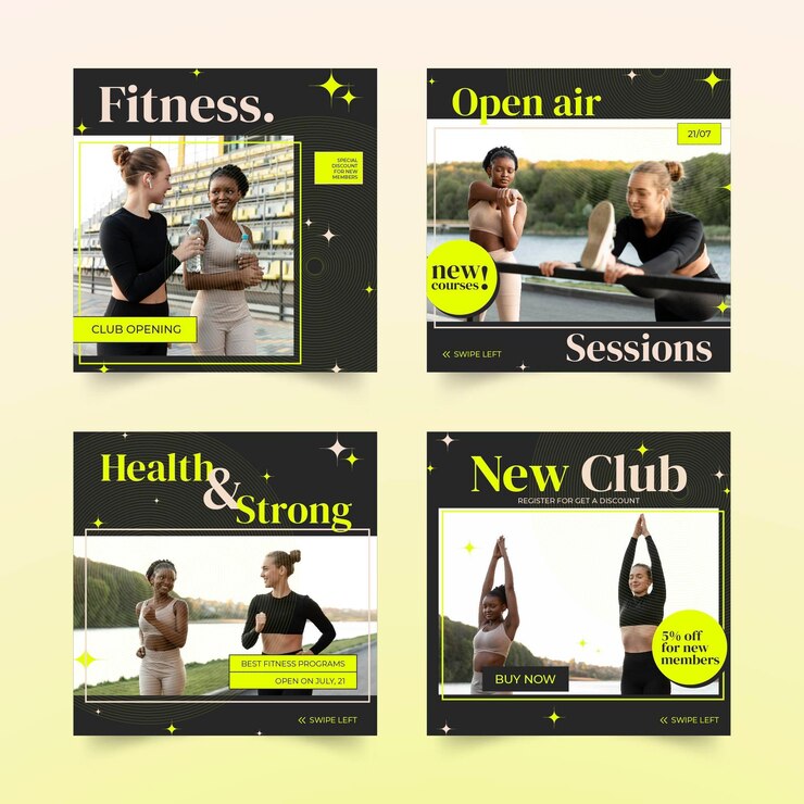 Vettore gratuito raccolta di post di instagram di salute e fitness piatta con foto