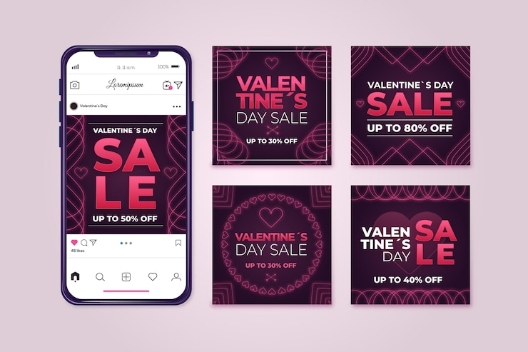 Vettore gratuito raccolta di post di instagram di vendita di san valentino