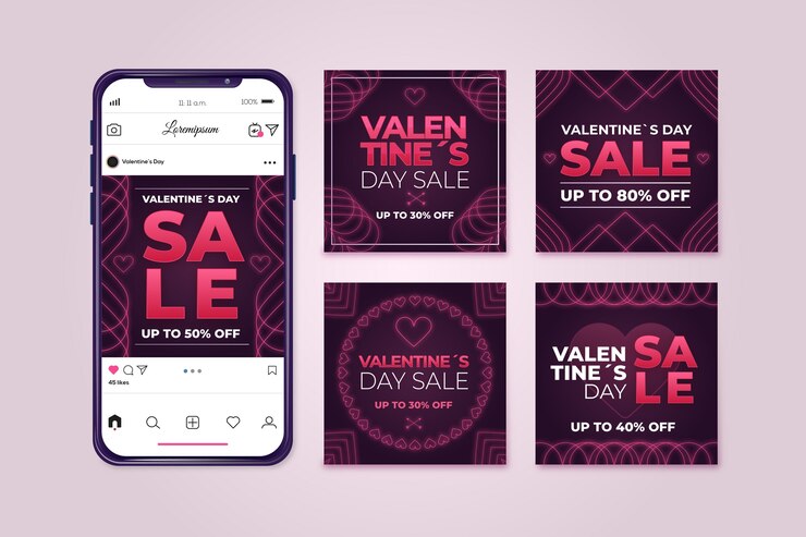 Vettore gratuito raccolta di post di instagram di vendita di san valentino