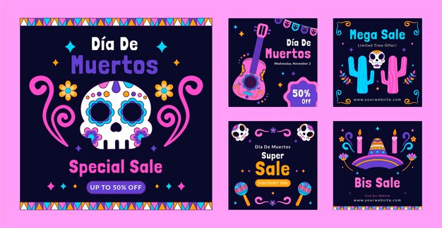 Raccolta di post di instagram disegnati a mano per la celebrazione del dia de muertos