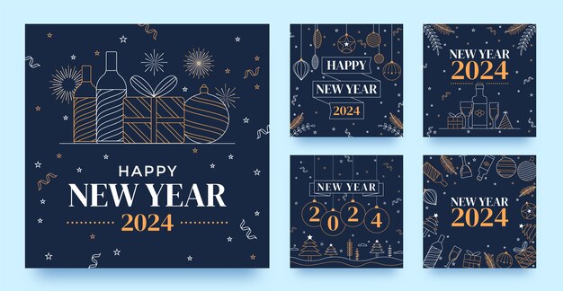Raccolta di post instagram disegnati a mano per la celebrazione del nuovo anno 2024