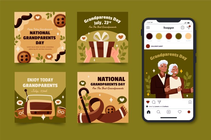 Vettore gratuito raccolta di post instagram piatti per la celebrazione del giorno dei nonni