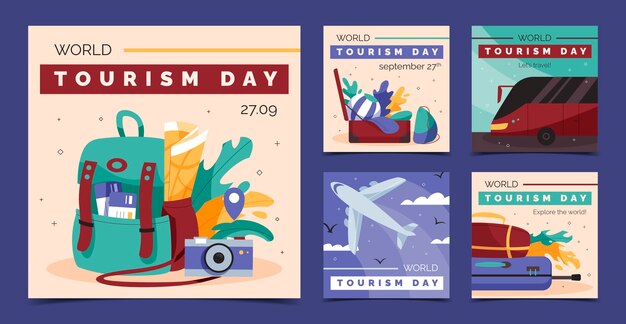 Raccolta di post instagram piatti per la celebrazione della giornata mondiale del turismo