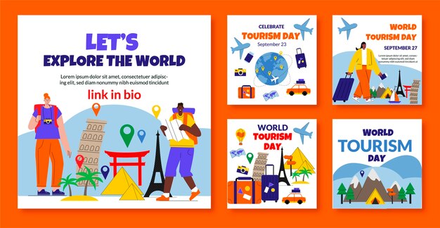 Raccolta di post instagram piatti per la celebrazione della giornata mondiale del turismo