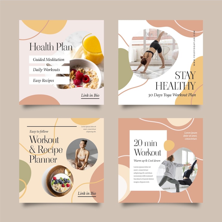 Vettore gratuito raccolta di post su instagram di salute e fitness con foto