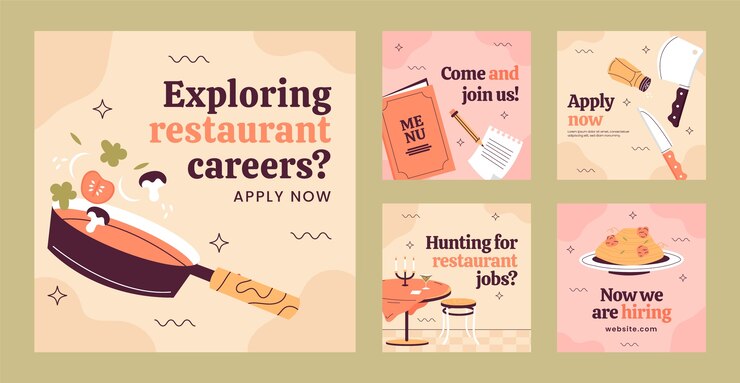 Vettore gratuito raccolta di post su instagram per la ricerca di lavoro in un ristorante piatto