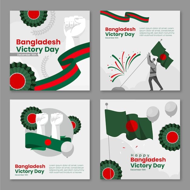 Raccolta di post sui social media del giorno della vittoria del Bangladesh piatto disegnato a mano