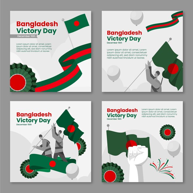 Raccolta di post sui social media del giorno della vittoria del Bangladesh piatto disegnato a mano