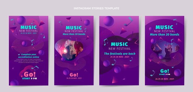 Raccolta di storie di instagram del festival musicale colorato sfumato