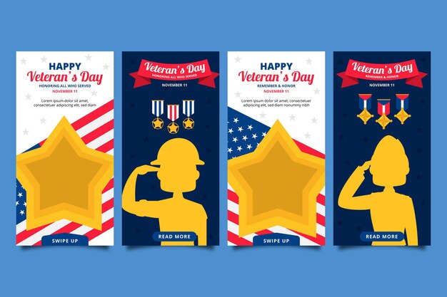 Raccolta di storie di instagram del giorno del veterano piatto disegnata a mano