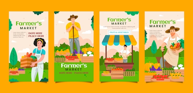 Raccolta di storie di instagram del mercato degli agricoltori piatti