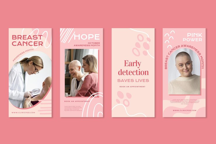 Vettore gratuito raccolta di storie di instagram del mese di consapevolezza del cancro al seno piatto disegnata a mano con foto