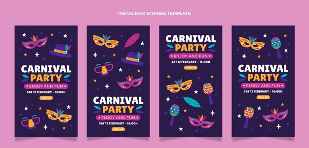 Raccolta di storie di instagram di carnevale piatto