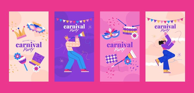 Raccolta di storie di instagram di celebrazione del carnevale piatto