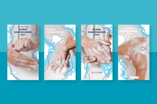 Raccolta di storie di instagram di giorno del lavaggio delle mani globale piatto disegnato a mano con foto