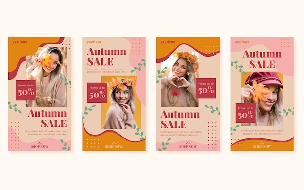 Raccolta di storie di instagram di vendita piatta autunnale con foto