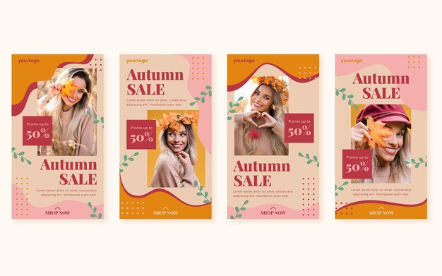 Raccolta di storie di instagram di vendita piatta autunnale con foto