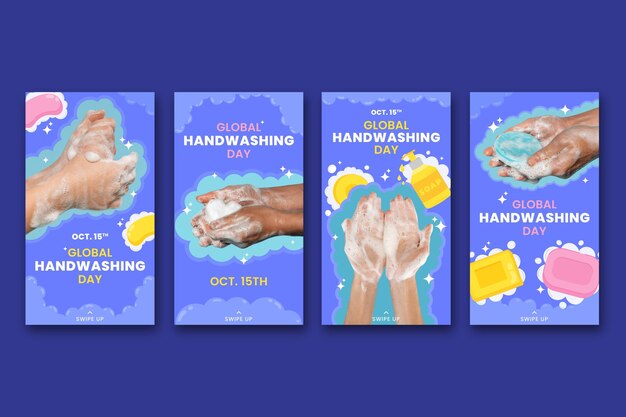 Raccolta di storie di instagram per il giorno del lavaggio delle mani globale piatto disegnato a mano