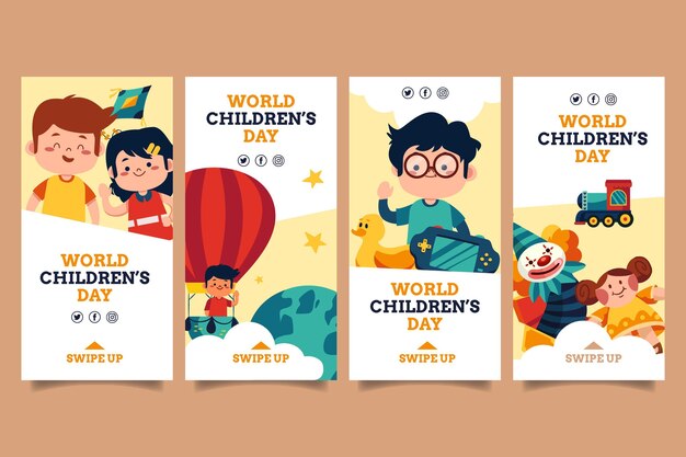 Raccolta di storie di instagram per la giornata dei bambini del mondo piatto