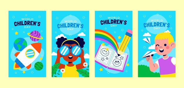 Raccolta di storie di instagram per la giornata dei bambini del mondo piatto