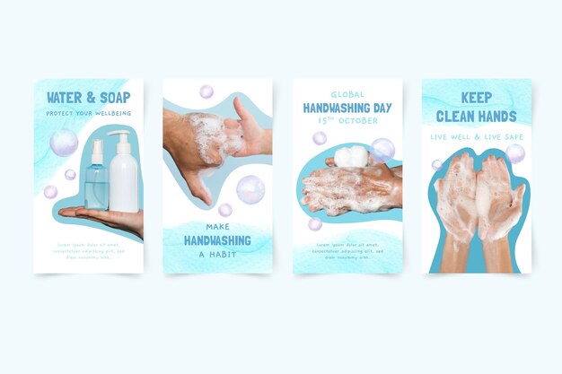 Raccolta di storie di instagram per la giornata mondiale del lavaggio delle mani dell'acquerello con foto