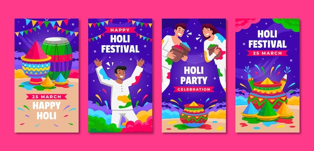 Raccolta di storie di instagram piatte per la celebrazione del festival holi