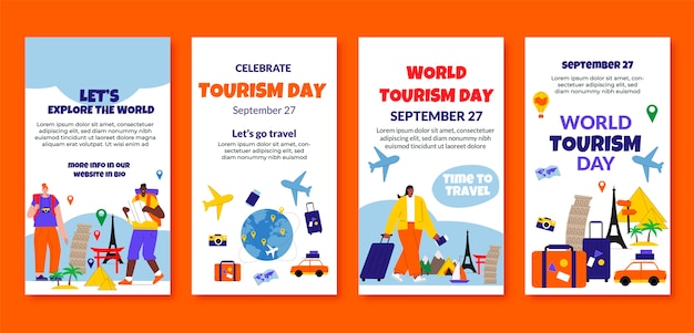 Raccolta di storie di instagram piatte per la celebrazione della giornata mondiale del turismo