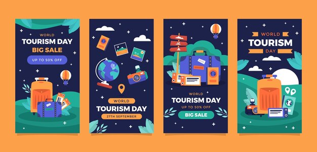 Raccolta di storie di instagram piatte per la celebrazione della giornata mondiale del turismo