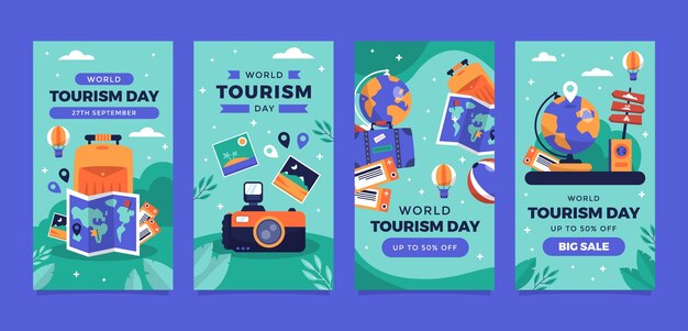 Raccolta di storie di instagram piatte per la celebrazione della giornata mondiale del turismo
