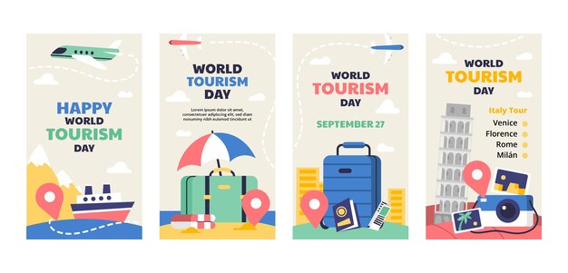 Raccolta di storie di instagram piatte per la celebrazione della giornata mondiale del turismo