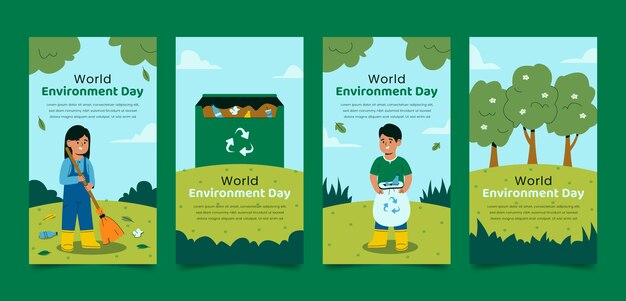 Raccolta di storie di instagram piatte per la celebrazione della giornata mondiale dell'ambiente