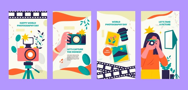 Raccolta di storie di instagram piatte per la celebrazione della giornata mondiale della fotografia