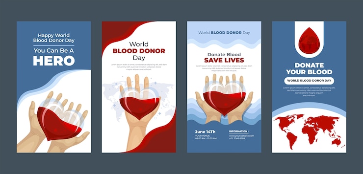 Vettore gratuito raccolta di storie di instagram piatte per la giornata mondiale del donatore di sangue