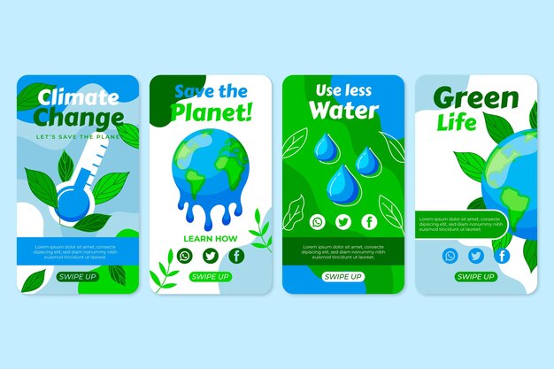 Raccolta di storie di instagram sui cambiamenti climatici piatti disegnati a mano