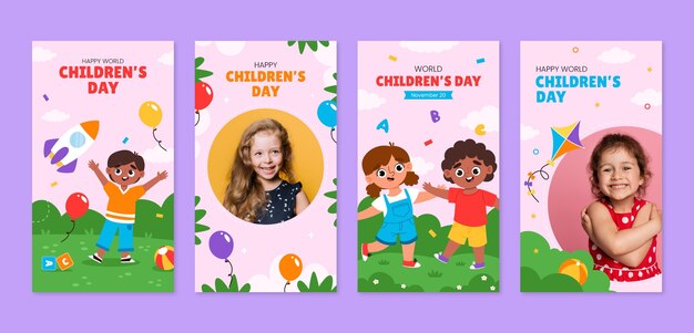 Raccolta di storie piatte di Instagram per la celebrazione della giornata mondiale dei bambini con bambini che giocano