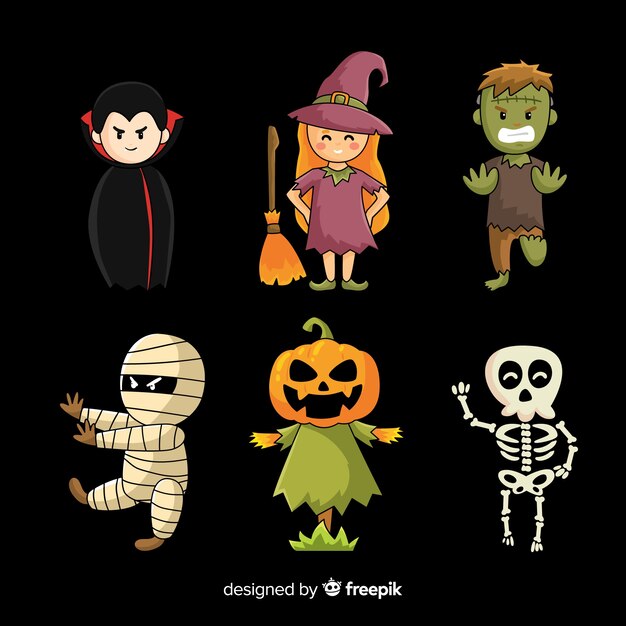 Raccolta piana del personaggio di Halloween su fondo nero