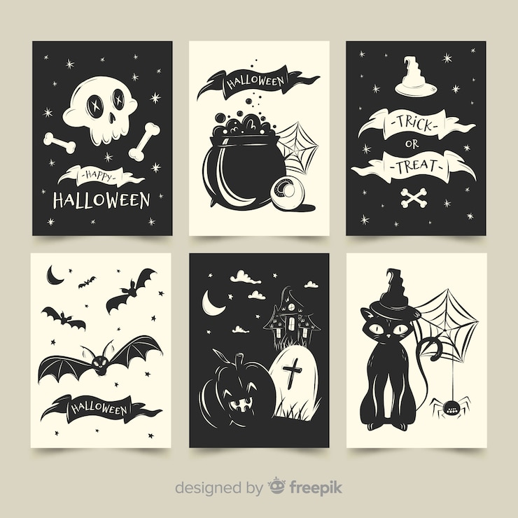 Vettore gratuito raccolta piana della carta di halloween in bianco e nero