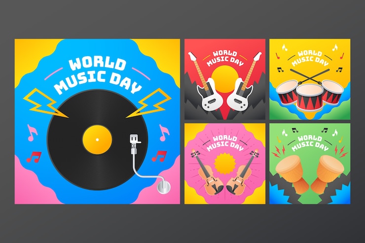 Vettore gratuito raccolta realistica di post di instagram per la celebrazione della giornata mondiale della musica