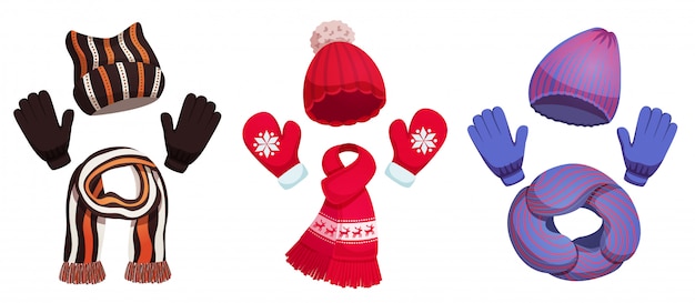 Raccolta stagionale dei cappelli della sciarpa di inverno con tre insiemi dell'illustrazione variopinta dell'abbigliamento del freddo