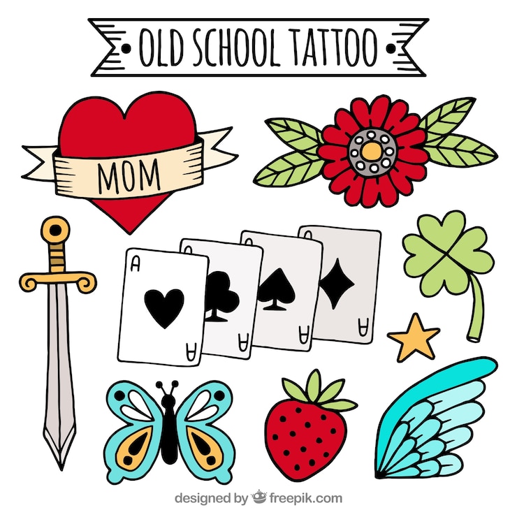 Vettore gratuito raccolta tatuaggio vecchia scuola disegnata a mano